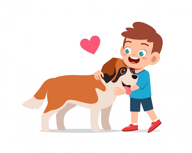 Vector gelukkig schattig klein kind jongen meisje spelen met hond