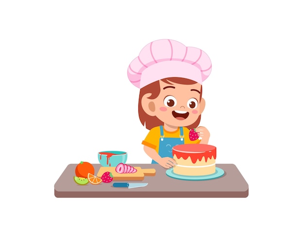 Gelukkig schattig klein kind meisje dragen uniform chef-kok en koken een verjaardagstaart