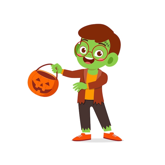 Gelukkig schattig klein kind vieren halloween draagt frankenstein monster kostuum