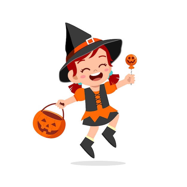 Gelukkig schattig klein kind vieren halloween draagt heks kostuum