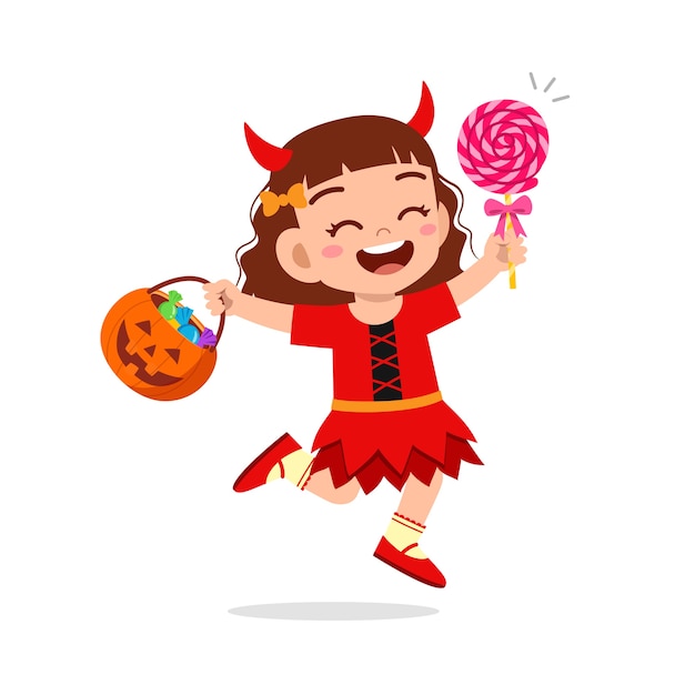 Gelukkig schattig klein kind vieren halloween draagt rode duivel monster kostuum