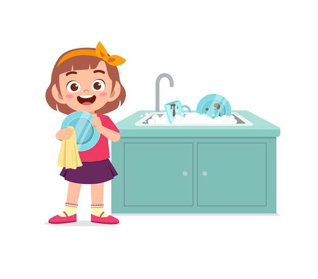 Gelukkig schattig klein meisje afwas in de keuken