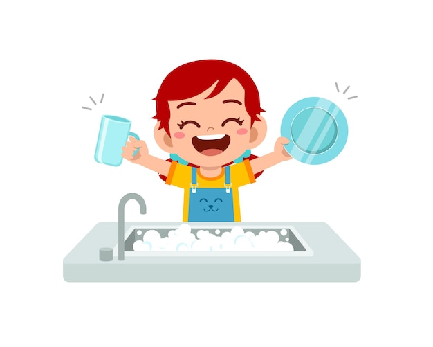 Gelukkig schattig klein meisje afwas in de keuken