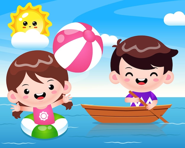 Gelukkig schattig meisje dat strandbal speelt en een schattige jongen die op een boot op zee rijdt