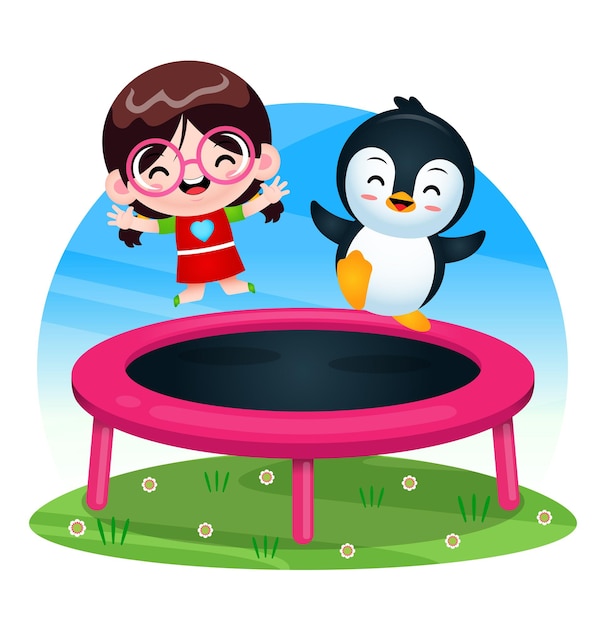 Gelukkig schattig meisje en pinguïn trampoline spelen