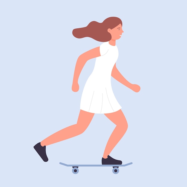 Gelukkig schattig meisje rijdt op een skateboard op straat