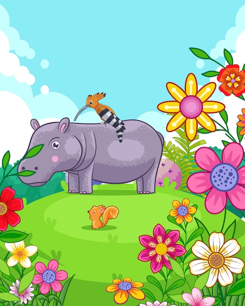 Gelukkig schattig nijlpaard met bloemen spelen in de tuin