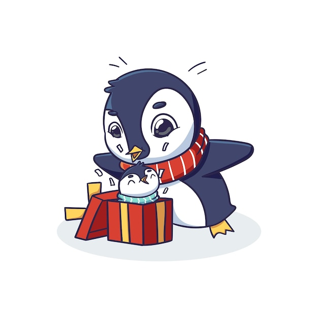 Gelukkig schattig Winter Penguin karakter Open verrassing geschenkdoos met baby binnen illustratie