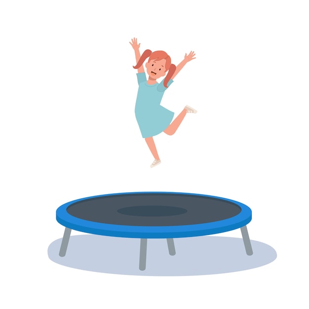 Vector gelukkig schattige jongen glimlach springen op trampoline platte cartoon vectorillustratie