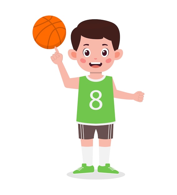 Gelukkig schattige jongen jongen spelen basketbal cartoon afbeelding