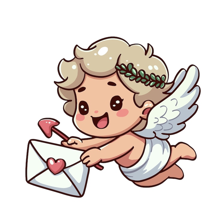 Vector gelukkig schattige kleine engel met een strik en een liefdesbrief baby cupido god eros valentijnsdag carto
