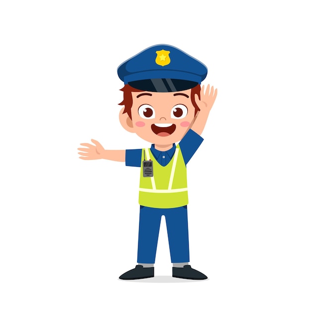 Gelukkig schattige kleine jongen jongen dragen politie-uniform en verkeer beheren
