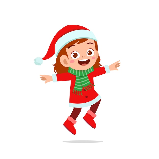 Gelukkig schattige kleine jongen jongen en meisje dragen rode kerst kostuum en springen