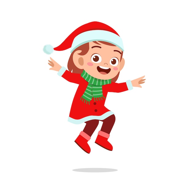 Gelukkig schattige kleine jongen jongen en meisje dragen rode kerst kostuum en springen