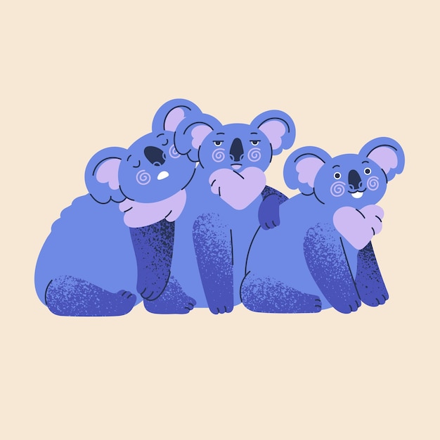 Gelukkig schattige koala's familieportret Luie Australische beren dierlijke karakters Funnyjungle moeder vader en kind Schattig kind en ouders Geïsoleerde kinderachtig gekleurde platte vectorillustratie