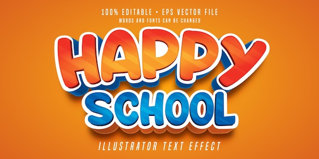 Vector gelukkig school bewerkbaar teksteffect 3d-lettertype in kinderstijl