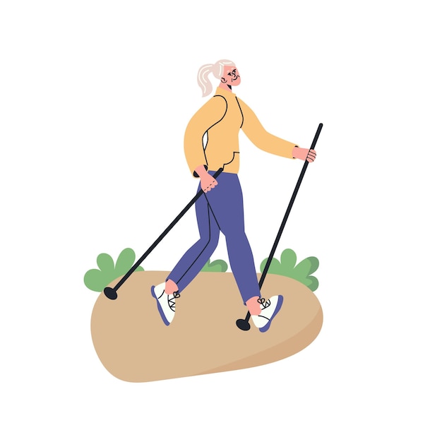 Gelukkig senior doet nordic walking met stikcs park Oudere vrouw leidt actieve levensstijl platte vector