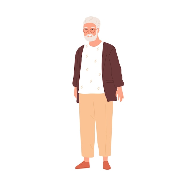 Gelukkig senior grijsharige man in brillen en moderne casual kleding. Portret van lachende oude opa in stijlvolle outfit. Platte vectorillustratie van gepensioneerde grootvader geïsoleerd op een witte achtergrond.