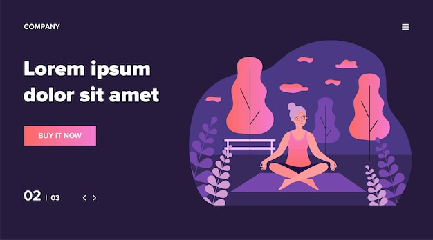 Gelukkig senior vrouw buiten beoefenen van yoga. lotus houding, meditatie, activiteit illustratie. levensstijl, leeftijd, actief pensioenconcept voor banner, website of bestemmingswebpagina