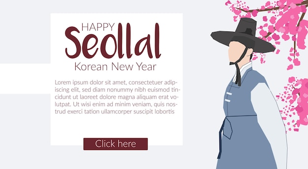 Gelukkig Seollal Koreaans Nieuwjaar webpagina bannerontwerp met Man in Hanbok