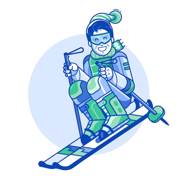 Gelukkig skiër man pictogram in lijntekeningen