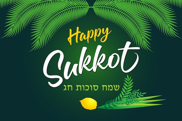 Gelukkig Soekot - tekst in Hebreeuws, Joodse kerstkaart. Hand getekende illustratie met sukkah, etrog lulav