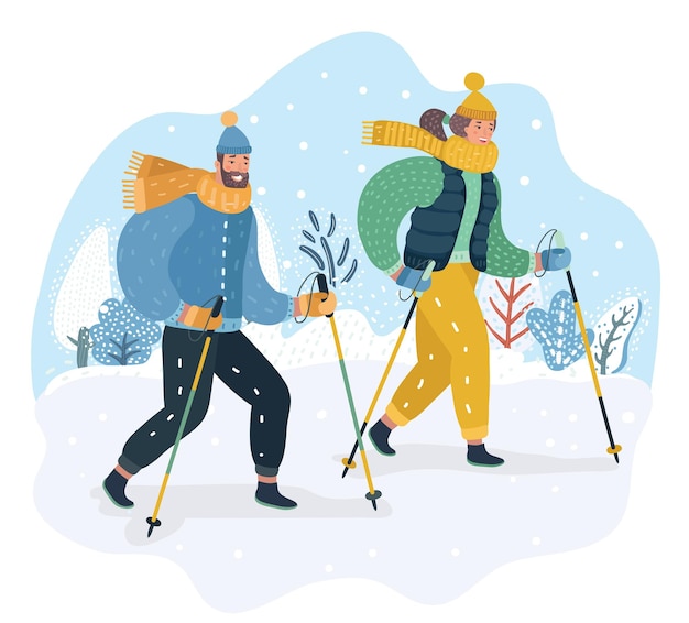 Vector gelukkig stel dat nordic walking in de sneeuw beoefent