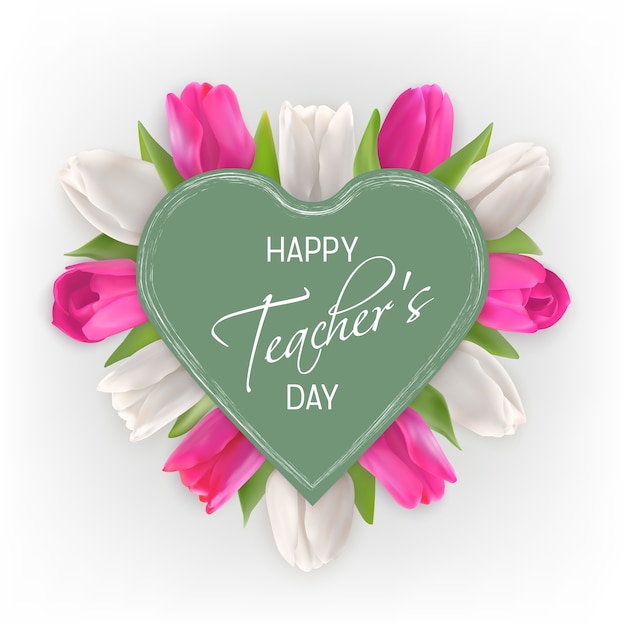 Gelukkig teacher's day concept. roze en witte tulpen onder een groen hart.