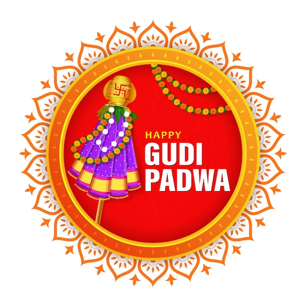 Gelukkig ugadi gudi padwa wenskaart achtergrond met versierde kalash