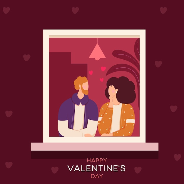 Vector gelukkig valentijnsdag greeting card design met illustratie van cartoon jong koppel kijken naar elkaar op het raam