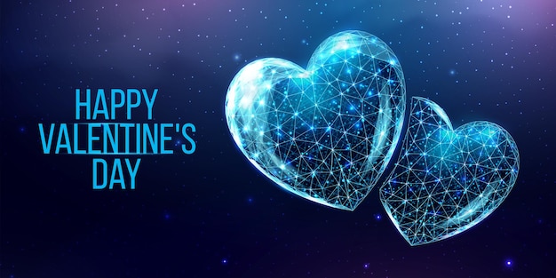 Gelukkig Valentijnsdag spandoek. Wireframe hart in laag poly stijl. Abstracte moderne 3d vectorillustratie op donkerblauwe achtergrond.
