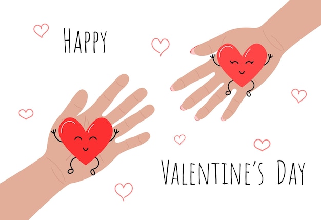 Gelukkig Valentijnsdag wenskaart. Man en vrouw die elkaar de hand met grappige schattige hartjes uitstrekken. Vectorillustratie Valentijn.