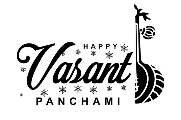 Vector gelukkig vasant panchami belettering met veena vectorillustratie