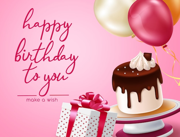 Gelukkig verjaardagskaart vector ontwerp. gelukkige verjaardag typografie tekst met taart, cadeau en ballonfeest.