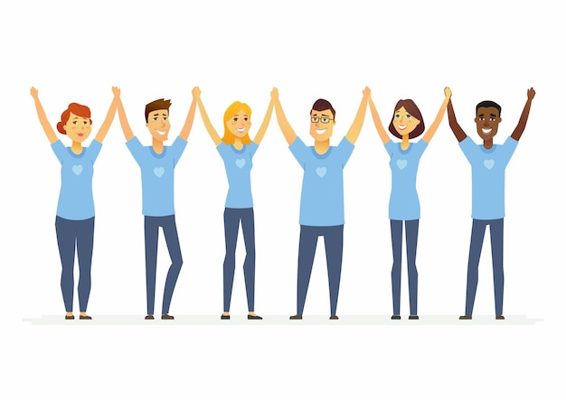 Vector gelukkig vrijwilligers hand in hand - cartoon personen personages geïsoleerde illustratie op witte achtergrond. internationale mannen en vrouwen die blauwe t-shirts met een hart dragen. concept van sociaal werk en eenheid