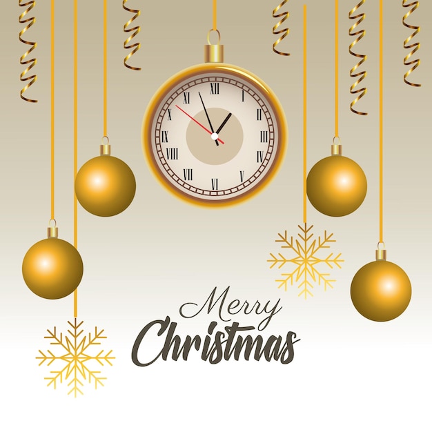 Gelukkig vrolijk kerstfeest belettering met horloge en ballen opknoping illustratie