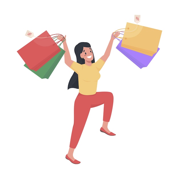 Gelukkig vrouwelijke shopper semi egale kleur vector karakter. springen in opwinding figuur. volledige lichaamspersoon op wit. shopaholic geïsoleerde moderne cartoon-stijl illustratie voor grafisch ontwerp en animatie