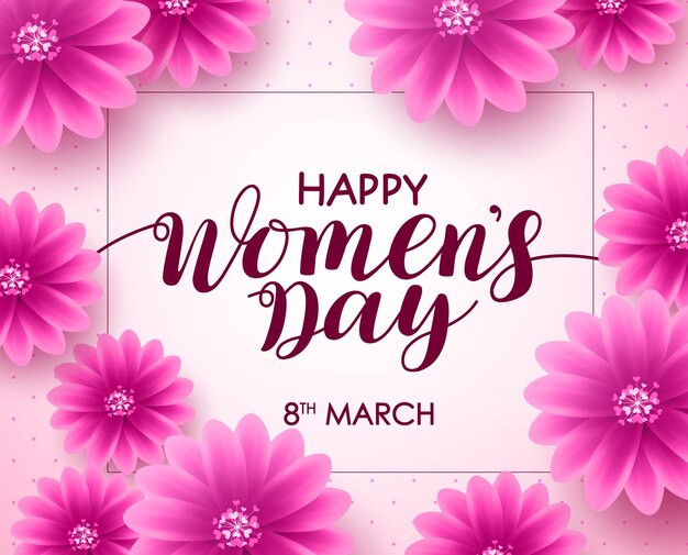 Gelukkig vrouwendag vector achtergrondontwerp met 8 maart tekst roze bloemen en boarder