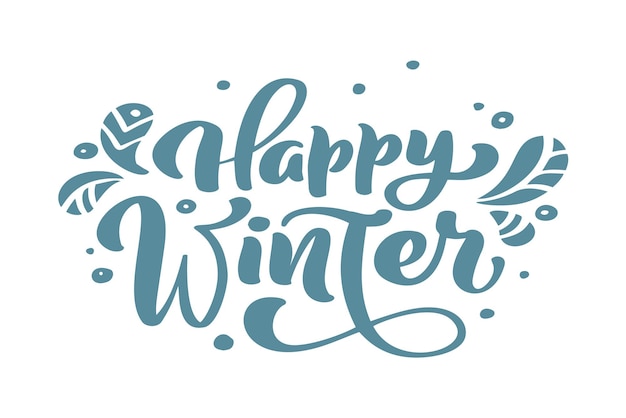 Gelukkig winter blauwe kerst vintage kalligrafie belettering vector tekst met winter tekening scandinavisch decor