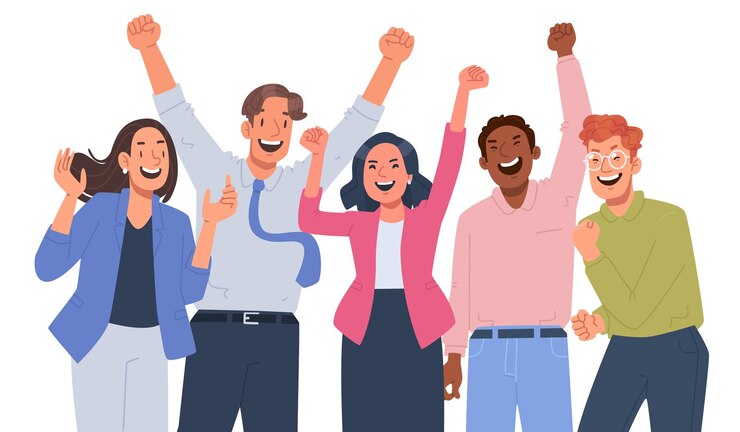 Vector gelukkig zakelijk team verheugt zich collega's staken hun handen op en verheugen zich over succes _ai_generated