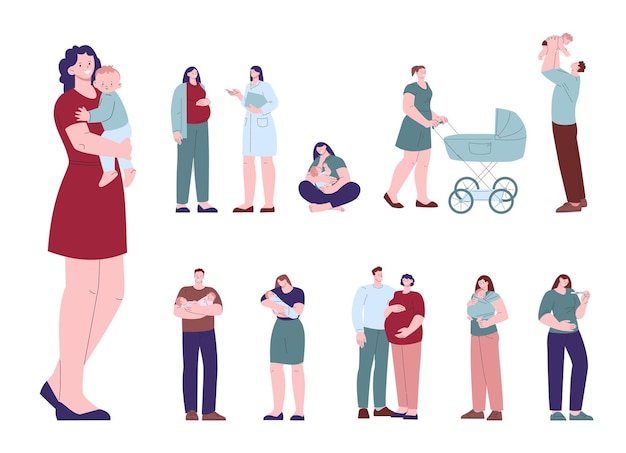 Gelukkig zwangere karakters vrouw houdt pasgeboren baby Mijn lieve kinderen met moeder en vader jonge gezin Zwangerschap moederschap kicky vector set Illustratie van gelukkige moeder pasgeboren