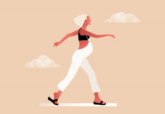 Vector gelukkig zwangere vrouw lopen. actief goed passend zwanger vrouwelijk karakter. gelukkig zwangerschap. yoga en sport voor zwangere vrouwen. flat cartoon illustratie