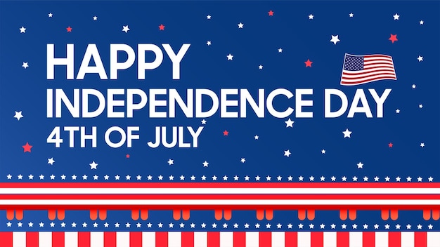 Gelukkige 4 juli onafhankelijkheidsdag USA banner sjabloon met vuurwerk en USA stadsbeeld op een marine blauw