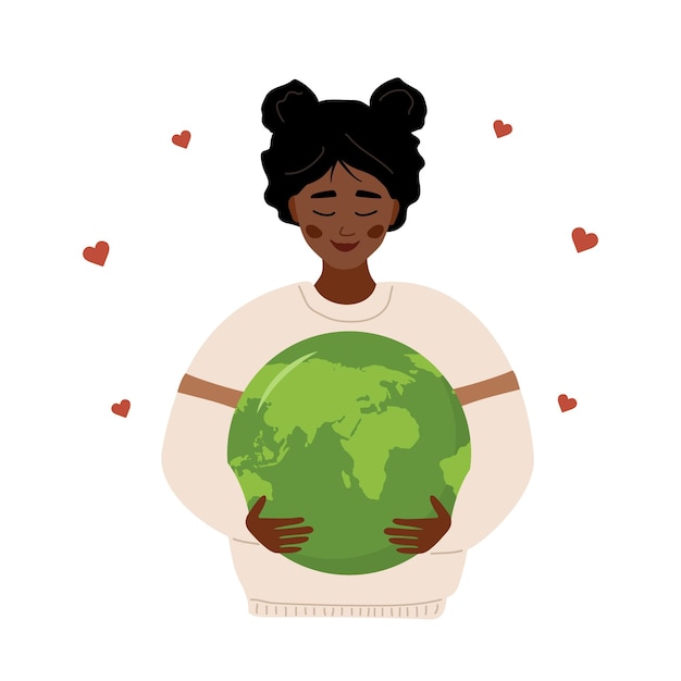 Gelukkige Aardedag Glimlachend Afrikaans meisje dat de planeet met zorg en liefde vasthoudt Zorg voor de natuur en het milieu Concept van ecologisch bewustzijn Vectorillustratie in platte cartoon stijl