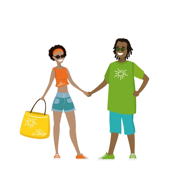 Gelukkige Afrikaans-Amerikaanse jonge echtpaar van mensen die handen vasthouden schattige cartoon vector illustratie