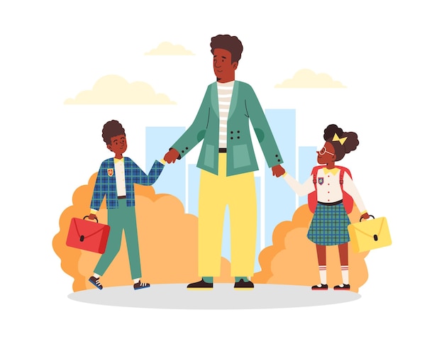 Gelukkige afro-amerikaanse familie met kinderen lopen naar school een vectorillustratie