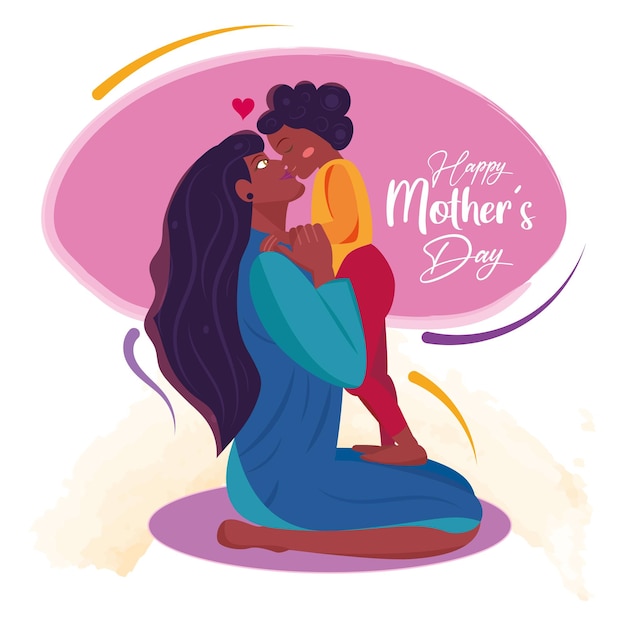 Gelukkige Afro-Amerikaanse moeder kuste haar dochter Moederdagviering Vectorillustratie