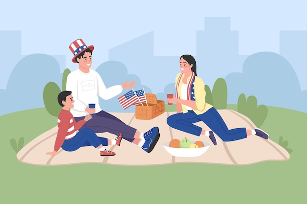 Gelukkige Amerikaanse familie vieren Onafhankelijkheidsdag egale kleur vectorillustratie. Picknick op 4 juli in de VS. Lachende ouders met zoon 2D stripfiguren met stadspark op achtergrond