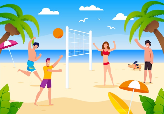 Gelukkige beeldverhaalmensen die strandvolleyball op zand spelen.