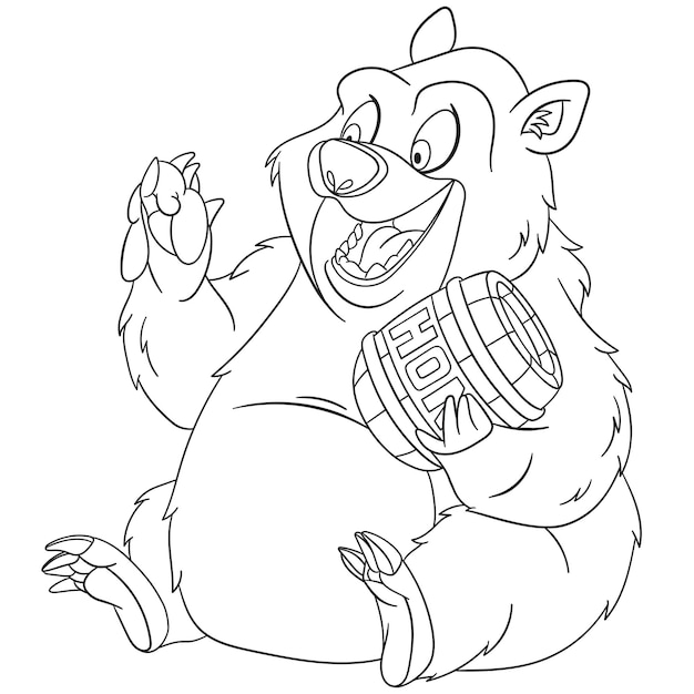 Gelukkige beer met honingpot. Cartoon kleurboek pagina voor kinderen.